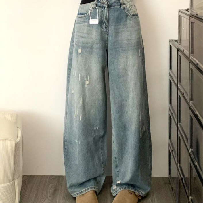 TIMEPURE 여성 빈티지 스트레이트 데님 팬츠 하이웨이스트 슬림 와이드