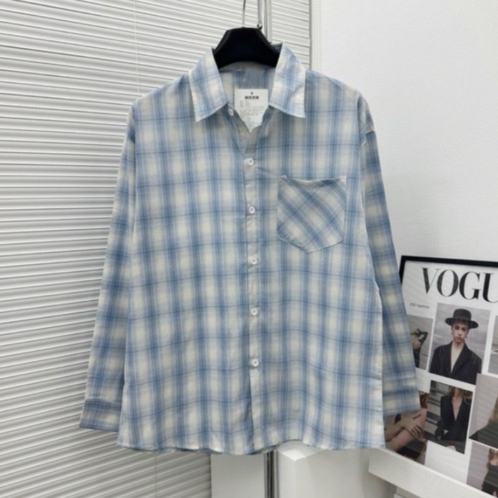 차앤호 에디션 여성용 캐주얼 베이비블루 체크무늬 긴팔 오버 셔츠 여리여리 루즈 핏 자외선 차단