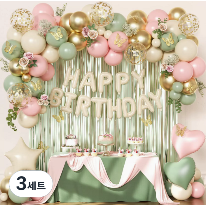 모아룸 풍선 파티 생일 이벤트 장식 풍선구름 세트, 3세트, 그린핑크 풍선 세트