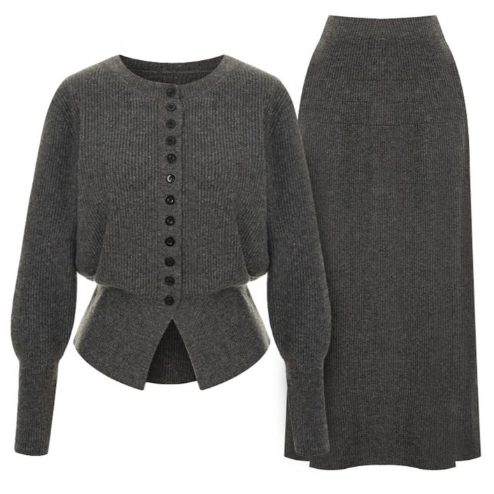 샐리 버튼슬릿 골지 니트 가디건  스커트 세트 I4CCSE013