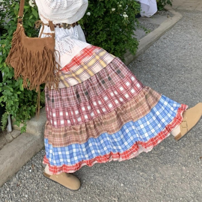 더시럽 여성용 레트로 체크 무늬 롱 A라인 스커트