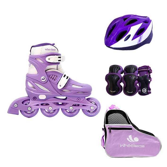 휠러스 아동용 에이스2 인라인스케이트  가방  보호대  헬멧 콤보 세트, 퍼플, 1세트