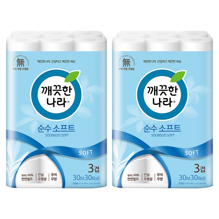깨끗한나라 순수 소프트 천연펄프 3겹 화장지 30m, 30개입, 2개