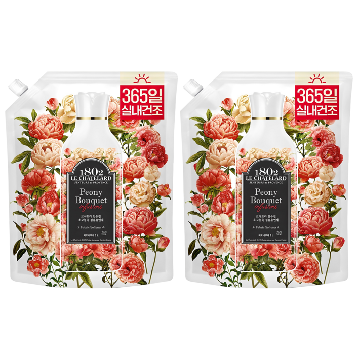 르샤트라1802 인퓨전 초고농축 실내건조 섬유유연제 피오니부케향 리필, 2L, 2개