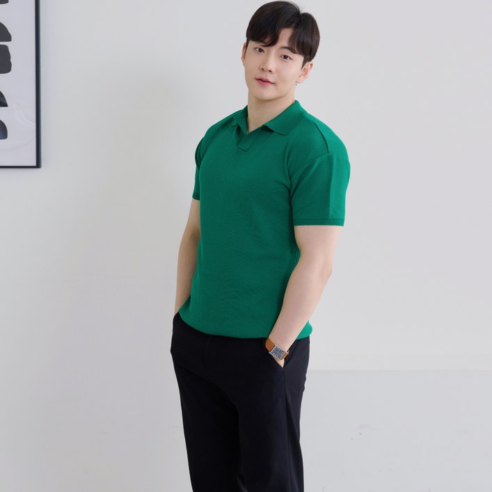 핵쿨남 남성용 아이스쿨링 머슬핏 반팔 오픈 카라 니트