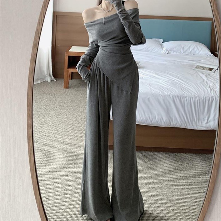 더시럽 여성용 슬림 언발 오프숄더 와이드팬츠 투피스 세트