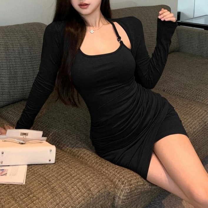 아이엠몽 여성용 요라니 볼레로 홀터 긴팔 셔링 랩 미니 원피스