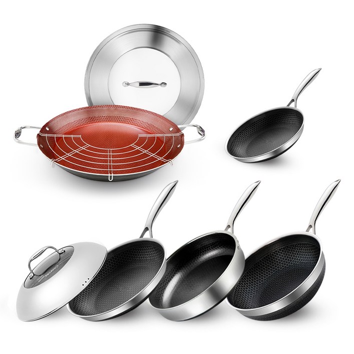 쿡셀 인덕션 7세대 세라믹 블랙에디션 프라이팬 세트 8개, 혼합색상, 프라이팬 5종  복합뚜껑 2종  스트레이너, 1세트