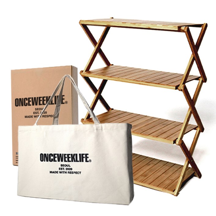 원스위크라이프 접이식 우드쉘프 선반 + 전용 수납 에코백 세트, 혼합색상, 4단, 1세트