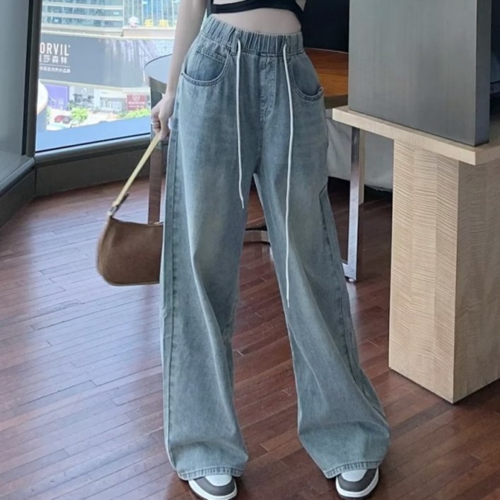피어니스트 여성용 밴딩 와이드 라이트데님 청바지