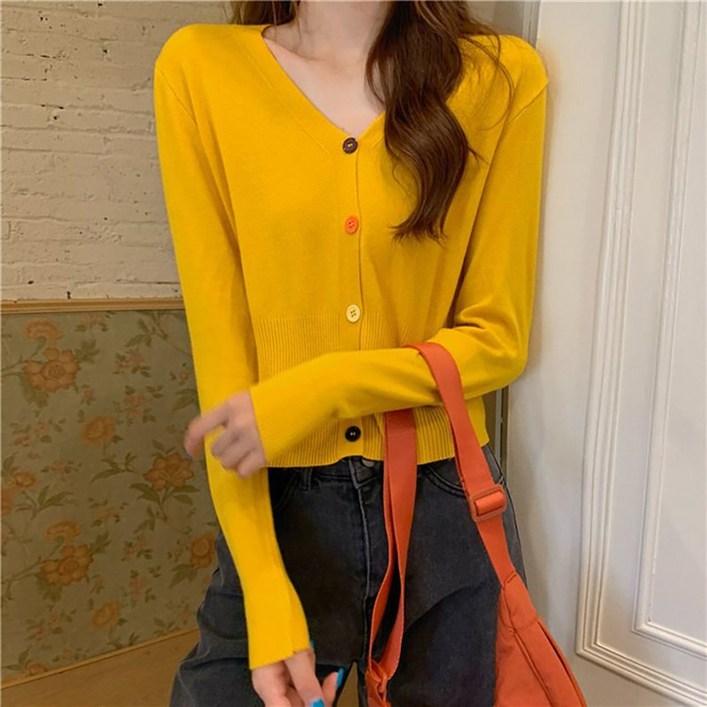 페이퍼먼츠 여성용 레보 컬러 브이넥 세미 크롭 가디건 13987