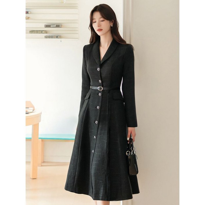 시크라인 XXL까지 실버 펄 트위드 장미 레더 트리밍 버튼 숄카라 벨티드 원피스 봄 가을 단독 하객룩 오피스룩 모임룩