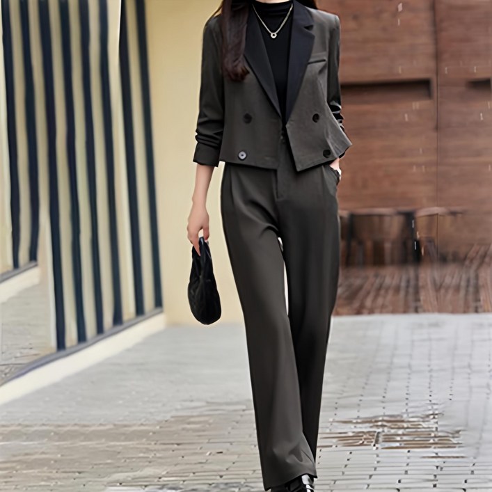 퀸이즈 여성용 스타일리쉬 크롭 정장 자켓  팬츠 세트