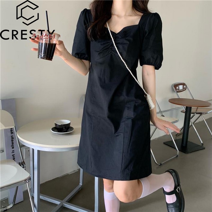 크레스티 벌룬 심플 셔링 미니원피스 빅사이즈 스퀘어넥 반팔 원피스