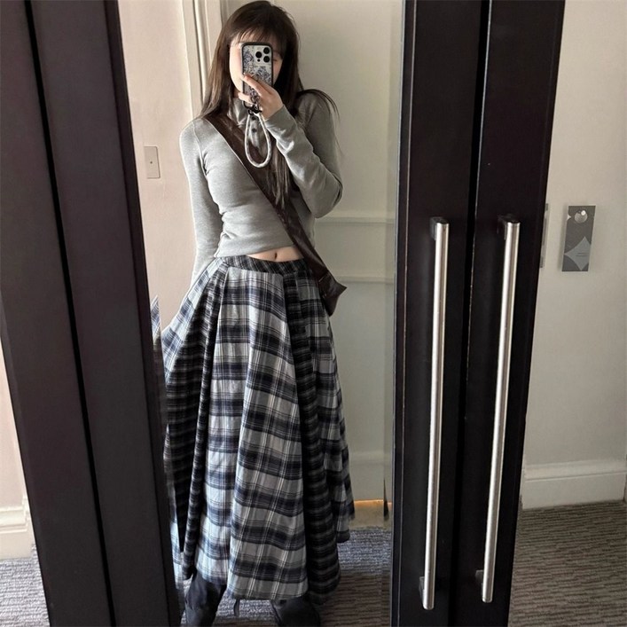 Vezri여성용 체크무늬 가을겨울 롱스커트 캐주얼 스타일 고급스러운 디자인 스커트Abb