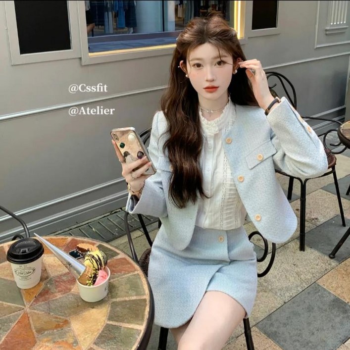 녕동 여성 라운드 크롭 트위드 자켓 코트 세트 고급 A라인 스커트 투피스 데일리룩 오피스룩