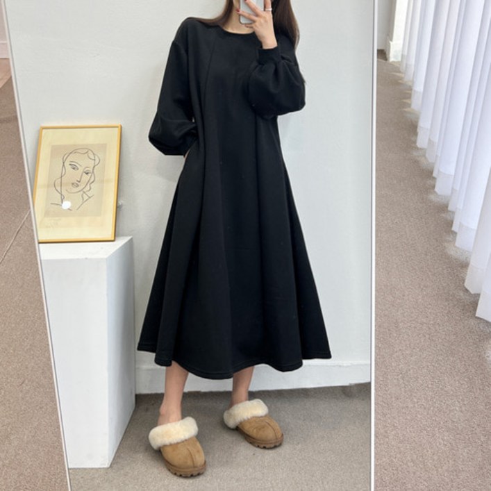 (무배) 기모 절개 벌룬 A라인 오버핏 롱 원피스 3color