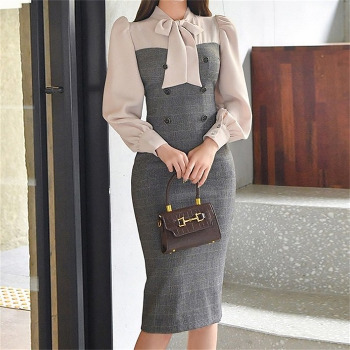 천하오 가을 신상 끈 리본 슬림핏 랩 긴팔 원피스 TZ371