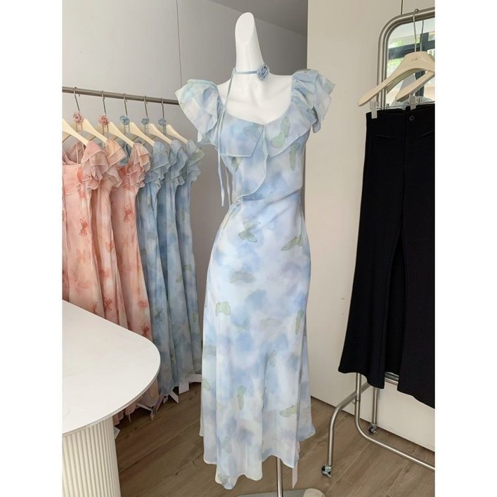 프리미엄 여성 여름 민소매 원피스 슬림핏 끈나시 쉬폰 롱 원피스 캐주얼 날씬해 보이는 치마 ZZQ