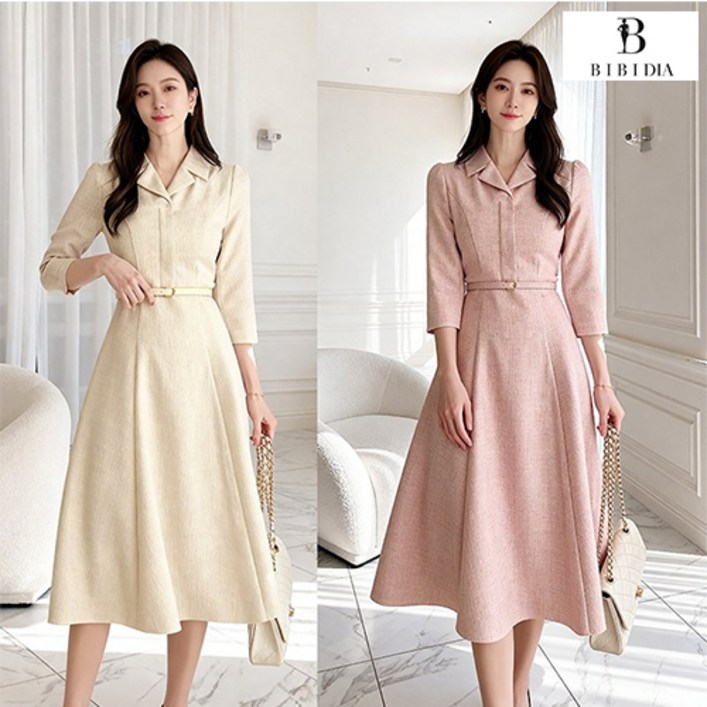 비비디아  여성 원피스 고급원단 슬림핏 하객룩 오피스룩 정장 A라인 롱치마 벨트포함  S2XL 5599