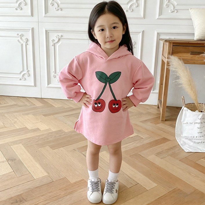 투에그 여아용 체리 후드 긴팔 원피스