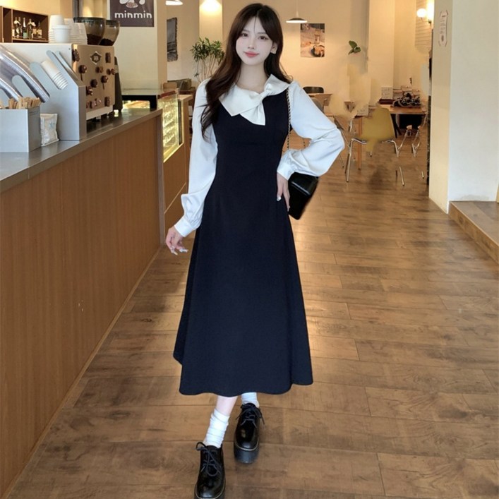 스타일닥터 트렌디한 페이크 투피스 패치 리본 롱 원피스 오버핏 허리 조임 긴팔 원피스