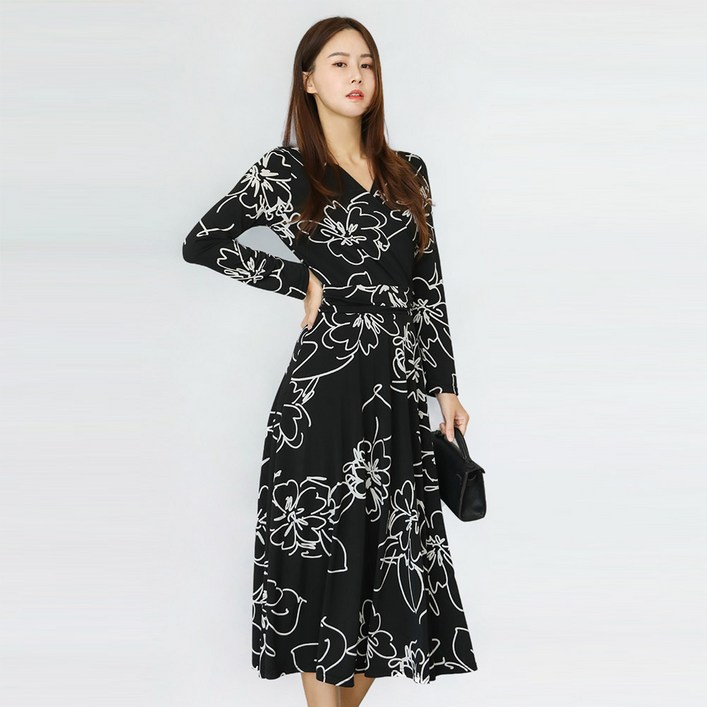 프롬코 우아한 여성 긴팔 빅플라워 롱 원피스 자체제작 FRC106