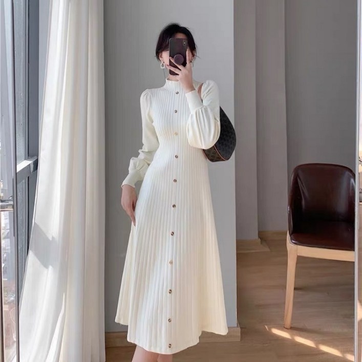 COSYEVNO 여성 니트 원피스 봄 가을 반폴라 패션 슬림 긴팔 미디 스커트 lyjlyq15