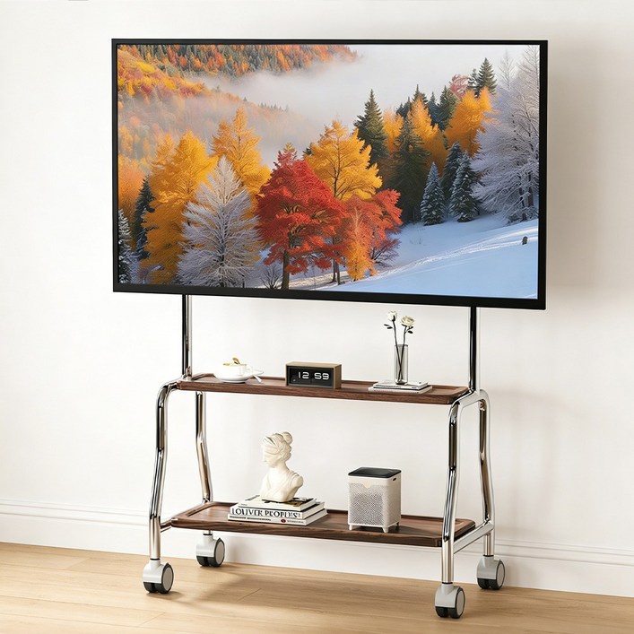 Bornoon 스텐 이동식 스탠드 티비 거치대 3275인치 2단 원목 선반, 이중 TV 스탠드, 1개