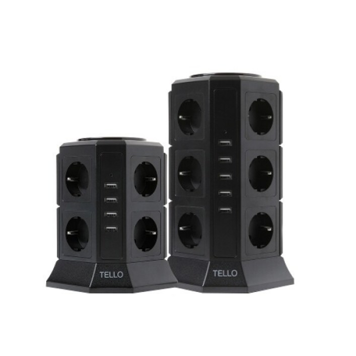 텔로 스마트 서지 보호 PA66 고용량 과부하차단 USB 타워 멀티탭 12구, 2m, 블랙, 1개