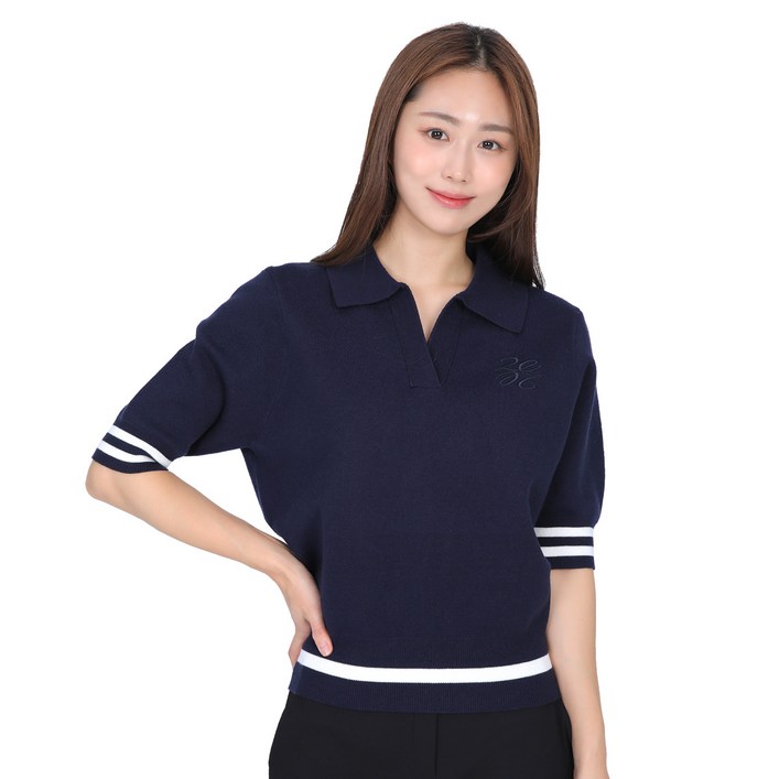 투엘라 여성 니트 오픈카라 반팔티셔츠  플로라 니트카라 7부소매 반소매티