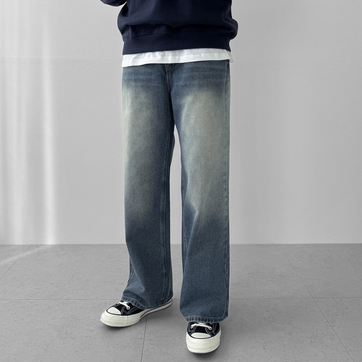 다이나믹피플 남성용 워싱 와이드 밴딩 청바지