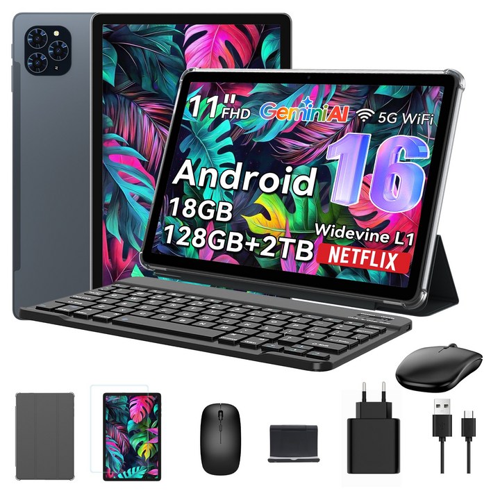TABWEE 2026 세계최초 Android16 Gemini AI 태블릿 11인치 FHD 18GB 128GB 2TB확장 2in1 테블릿 pc 키보드세트, 회색, 128GB, WiFi