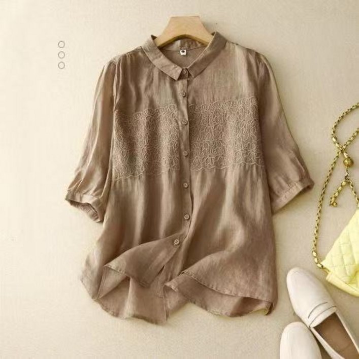 쩐쿠 여성 카라넥 면마 레이스 7부 블라우스 6985