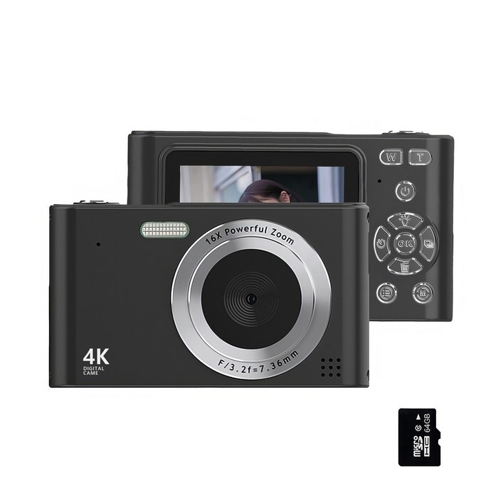 RUNHome 4800w 레트로 미니 디지털 카메라 여행용 인생64G메모리카드, 블랙