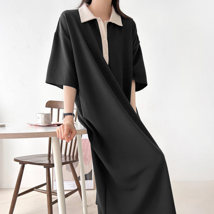 더한땀 크림 배색 카라 반팔 원피스 빅사이즈 여름 임부복