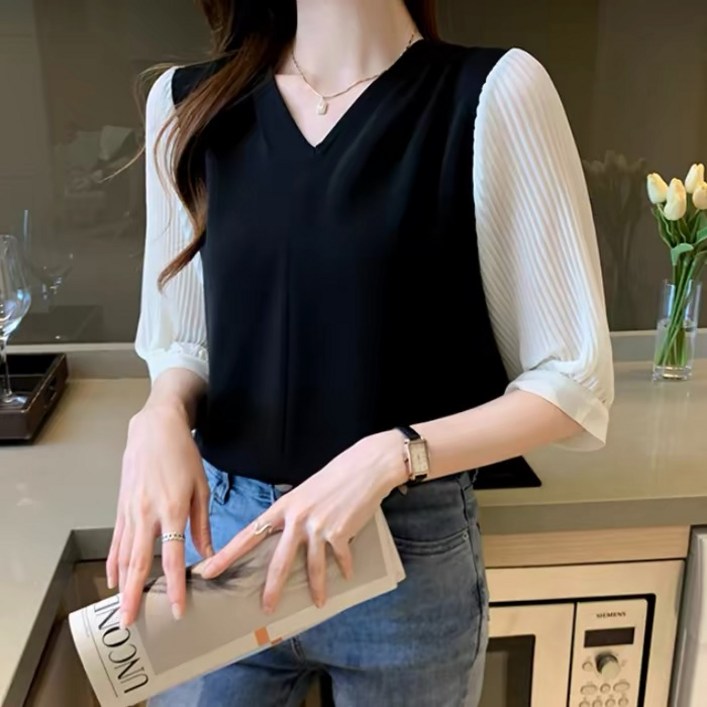 루스리더  여성 브이넥 반팔티 블라우스 E1042