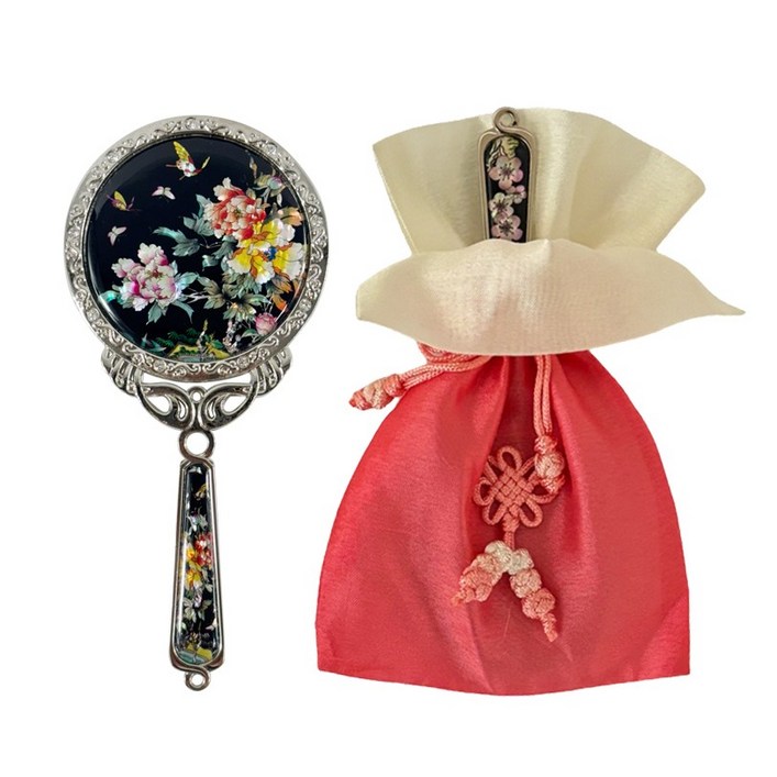 포미모어 자개손거울 전통 나전칠기 손잡이 미니 공주손거울, 1개, 목단꽃블랙