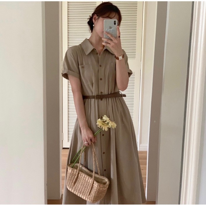 루어스룸 헤이즐 가을 코튼 벨트세트 버튼 플레어 A라인 빅사이즈 여성 a라인 반팔 66 77 88 임산부 하객룩 셔츠 롱 원피스(2color) 돌잔치룩