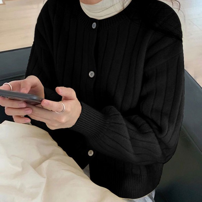 AOKADA 여성 가을 퍼프 긴팔 스트라이프 니트 가디건