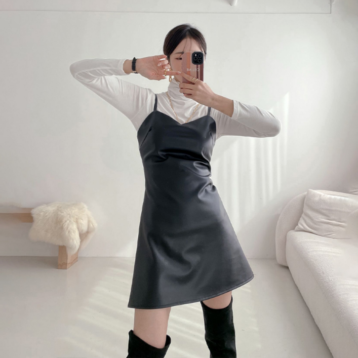 어패럴라이트하객룩 레더 레이어드 뷔스티에 끈나시 미니 원피스