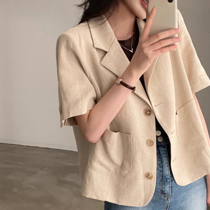 여성용 여름 린넨 베이직 캐주얼 반팔 자켓 버튼 포켓 반소매 정장 솔트 스타일 오피스 상의