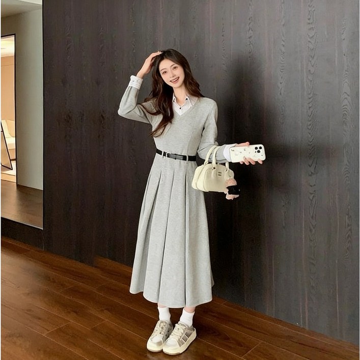 스타일닥터 여성 롱 원피스 패션 카라넥 긴팔 캐주얼 원피스 셔츠원피스 봄가을 벨트 무료 증정