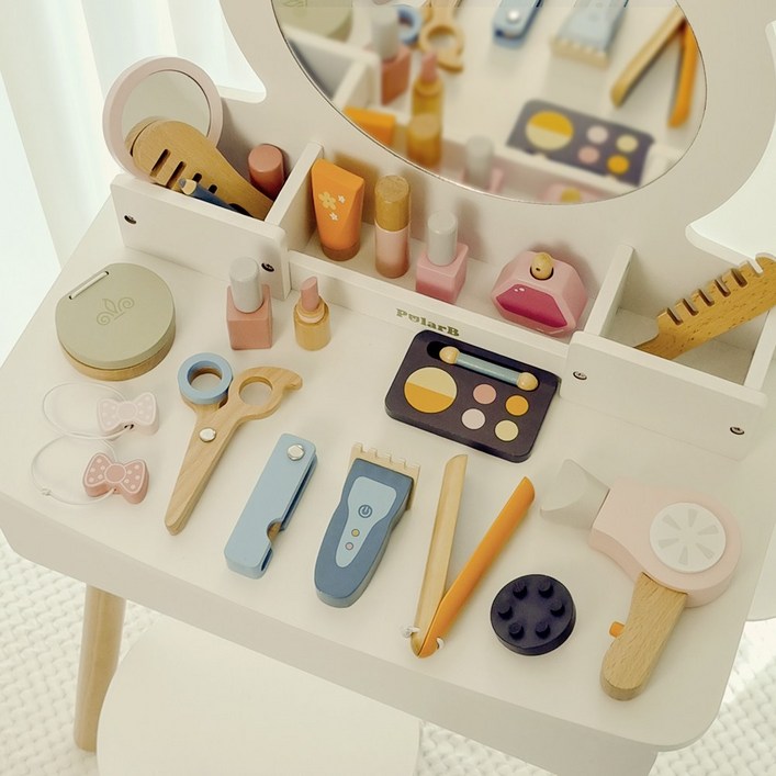폴라비 원목 화장놀이헤어샵 유아 나무블럭 역할놀이 장난감 세트, 화장놀이1개헤어샵1개, 멀티
