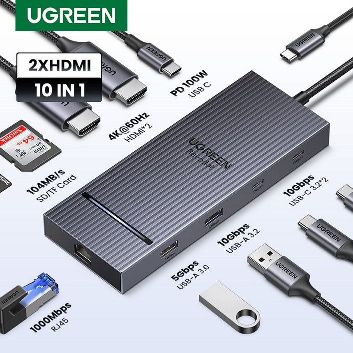 UGREEN 유그린 Revodok Pro 10 in 1 도킹 스테이션 듀얼 HDMI 2.0 4K60Hz 디스플레이 10Gbps PD100W USB C 멀티허브, 1개, Grey, CM886 UGREEN 유그린 Revodok Pro 10 in 1 도킹 스테이션 듀얼 HDMI 2.0 4K60Hz 디스플레이 10Gbps PD100W USB C 멀티허브, 1개, Grey, CM886