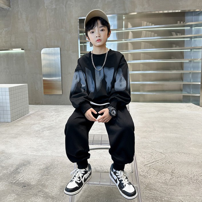 ZPEIZ 봄가을 중학생 초등학생 남아 맨투맨 세트 트렌디 오버사이즈 캐주얼 두피스 상하 바지세트 주니어상하복 세트 초등생 긴팔 긴바지 세트