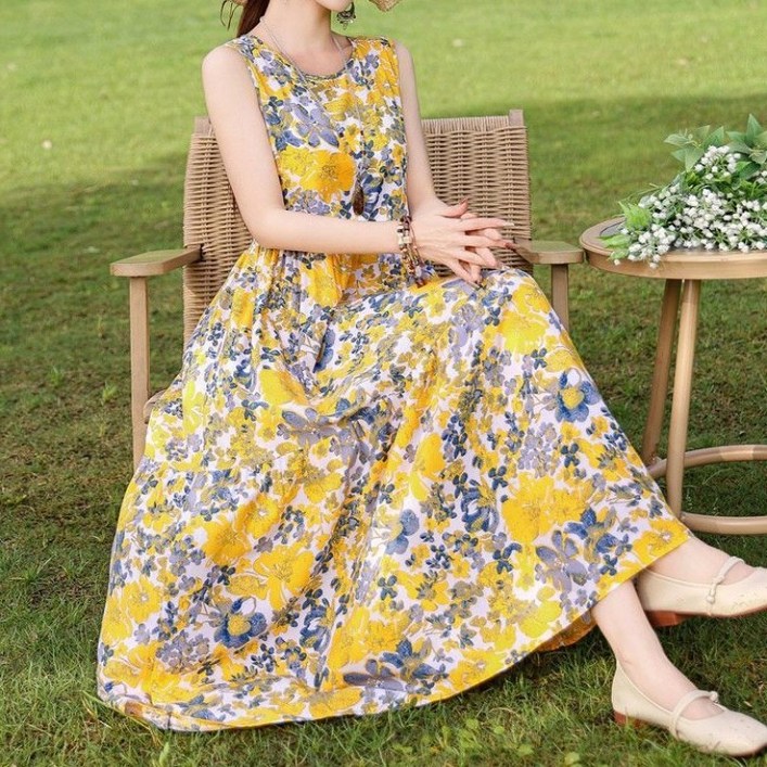 ORZQU 여성 여름 롱 원피스 라운드넥 꽃무늬 나시원피스 슬림핏 중년여성 민소매 원피스