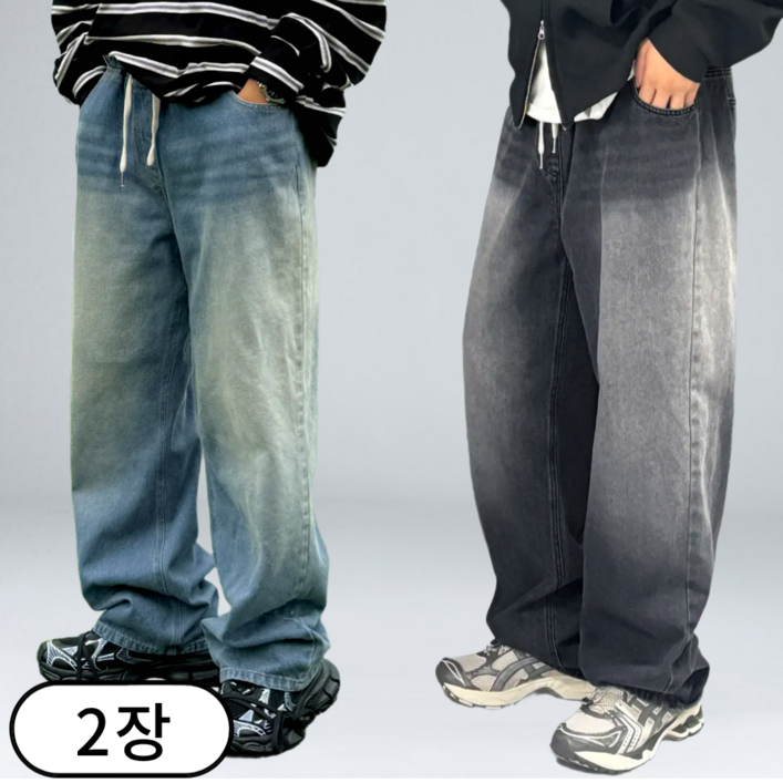 1+1 남자 밴딩 청바지 빅사이즈 세미 와이드 데님 팬츠 (6655-2)