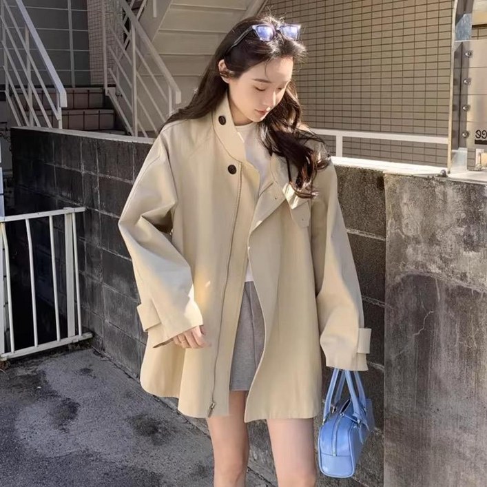 Seofst 가을 신상 여성 루즈핏 하이넥 롱슬리브 트렌치 코트