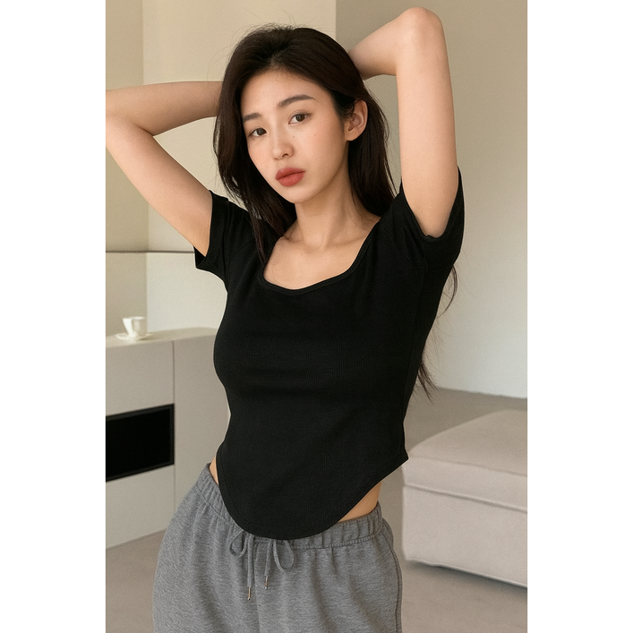 하우박 꾸안꾸 스퀘어넥 허리잘록 밑달굴림 슬림핏 반팔티셔츠